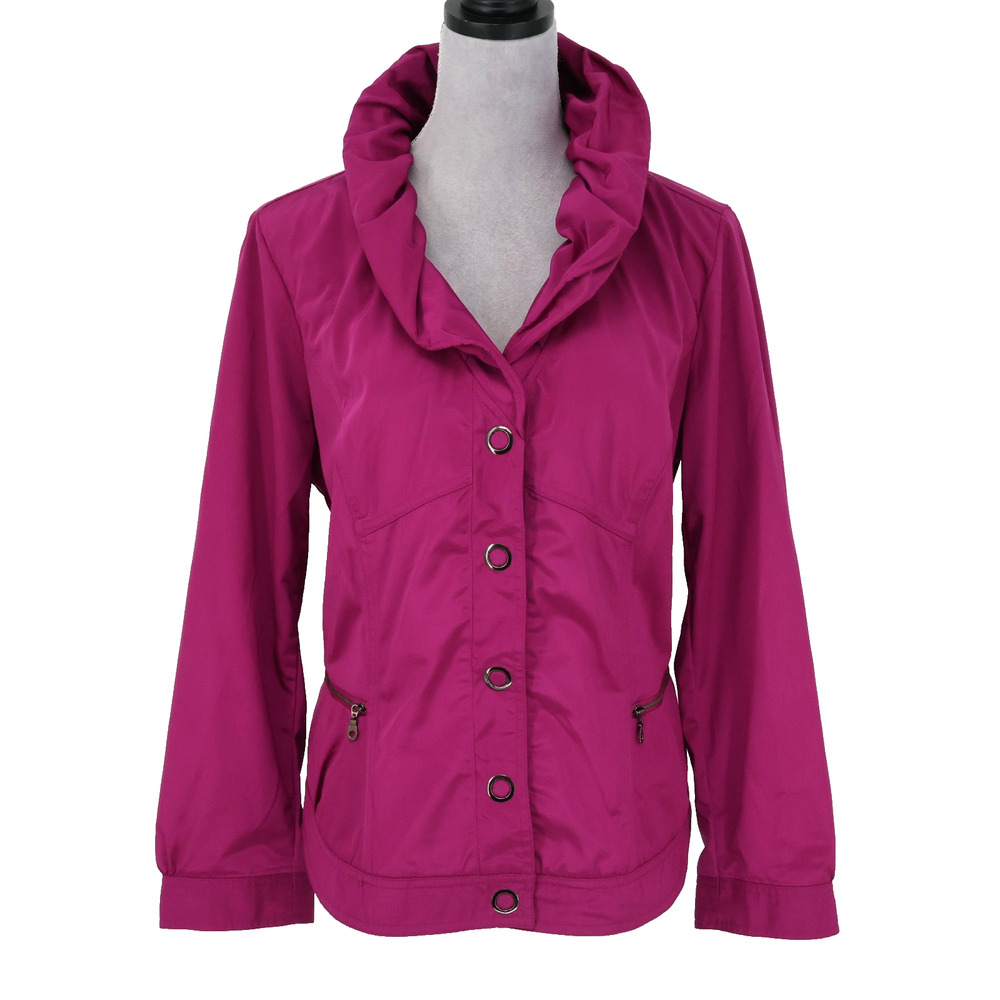 Chicos Zenergy Jacket 2 Womens Large 12 Pink Snaps Pockets Ruffle Collar Nylon